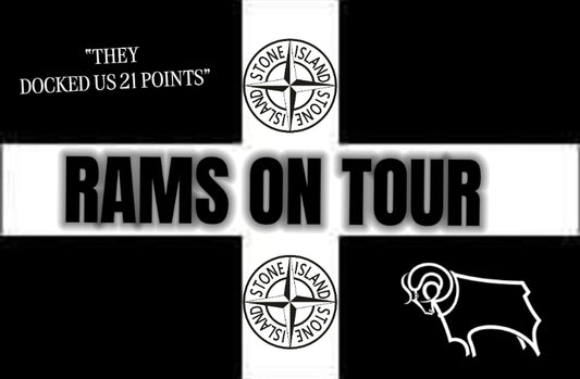 DERBY COUNTY (RAMS ON TOUR) STICKER. (WHITE AND BLACK ENGLAND)